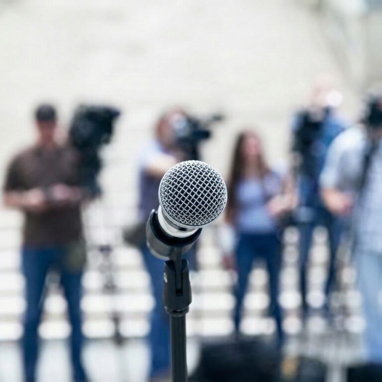 Microphone in front of press photographers at a media event